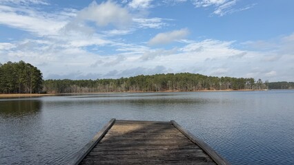 Central view of the wooden boat dock at Maynor Creek Water Park near the city of Waynesboro, MS.