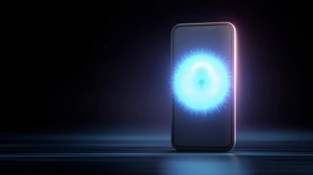 Cyber security data protection mobile phone digital lock privacy concept dark background glowing edge smartphone screen network safety secure access modern encryption technology illuminated padlock