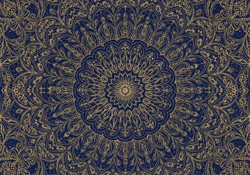 Intricate dark blue and gold floral mandala pattern with swirling designs and shapes with ornate and decorative - Powered by Adobe