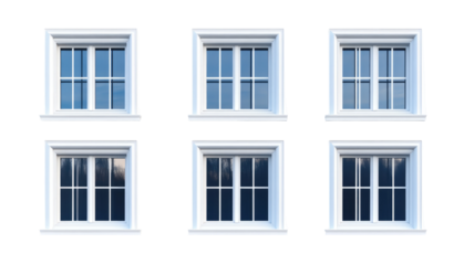 Set of six architectural windows on transparent background