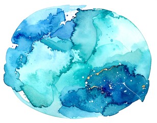 Watercolor abstract of blues and aquas in an oval form