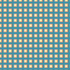 Seamless Geometric Pattern with Yellow Polka Dots in Orange Squares on Teal Background