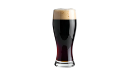 Tall glass of dark ale, with a tan head, against a black backdrop
