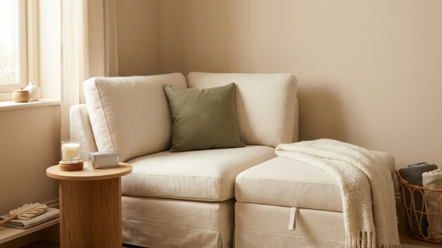 Cozy minimalist sofa with throw blanket in warm natural light