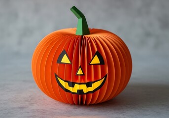 A bright orange paper mache pumpkin with a green stem and a carved jack o lantern face sits on a gray surface