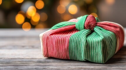 christmas day in eco friendly concept. Gift wrapped in fabric with festive colors and blurred lights in background.