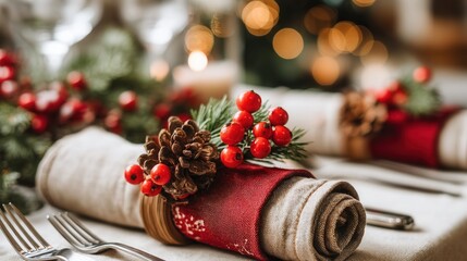 christmas day in eco friendly concept. Elegant holiday table setting with festive decorations and warm ambiance.