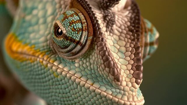 A close-up of a chameleon's head, showing its eye, scales, and vibrant colors