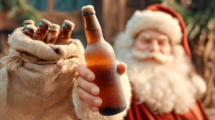 Festive cheer santa celebrating with bottled beverages holiday gathering outdoor setting joyful atmosphere
