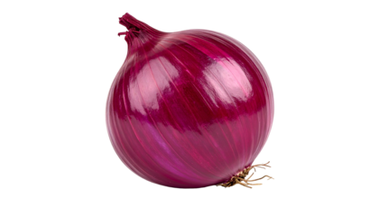 A close-up of a vibrant red onion with shiny, smooth skin, isolated on black