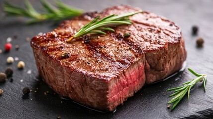Tempting Steak Delight: A succulent, grilled steak, cooked to perfection, sits invitingly on a dark stone surface, garnished with fresh rosemary and peppercorns. It's a culinary masterpiece.
