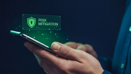 Financial high level planning concept for risk mitigation strategy on mobile phone security technology glowing hologram