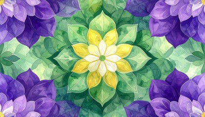 Symmetrical floral design features vibrant purple, green, and yellow watercolor elements creating a beautiful mandala