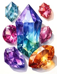 Watercolor gemstones in varied colors, angled to catch the light