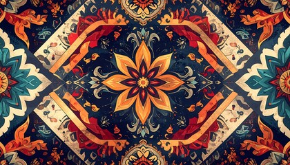 Symmetrical floral design features vibrant colors, geometric shapes, and a central starburst pattern on a deep blue ground