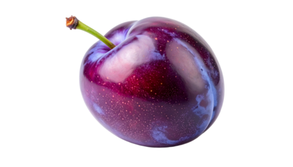 A vibrant, glistening plum with a deep purple hue, against a stark black background
