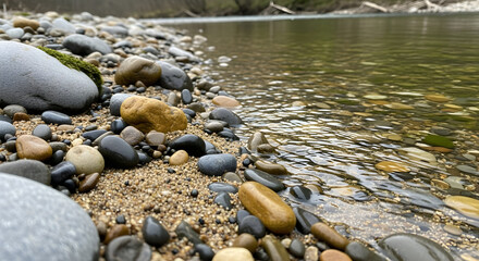 Close up of river rocks and pebbles on a sandy bank next to clear water with moss
