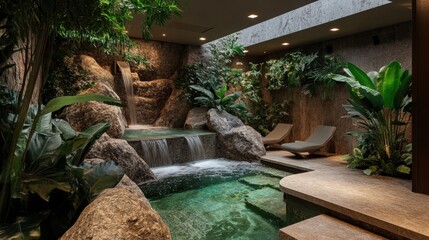 Serene Indoor Oasis: This image captures a luxurious indoor oasis, a tranquil haven featuring a natural waterfall cascading into a crystal-clear pool, surrounded by lush greenery and stone accents.