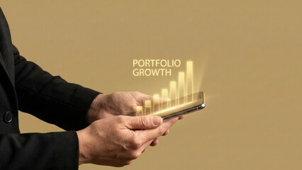 Financial planning high level concept of portfolio growth chart glowing above smartphone in business hand metaphor for success