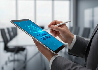 Financial high level planning concept with big data strategy digital tablet in modern office meeting room background