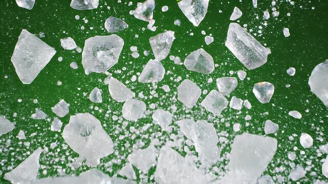 Close-up of Ice Cubes and Crushed Ice on Green Background.