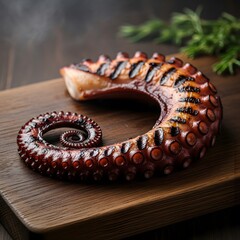 Grilled octopus tentacle on wooden cutting board with herbs