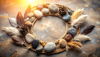 Rustic Stone And Feather Wreath With Pine Cones And Pebbles For Natural Home Decor.