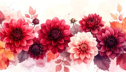Watercolor illustration of vibrant red dahlias and autumn leaves