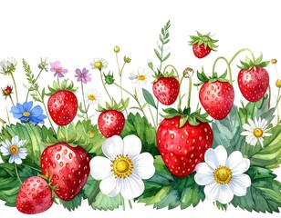 Watercolor illustration of vibrant strawberries among wildflowers
