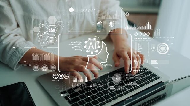 AI Technology Concept with Hands Typing on Laptop in Modern Workspace, Digital Transformation and Data Visualization Elements. Asymptotic smart data analytic.