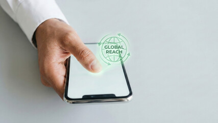 Financial digital marketing, high global reach, level communication, planning concept graphic on smartphone screen for online business growth
