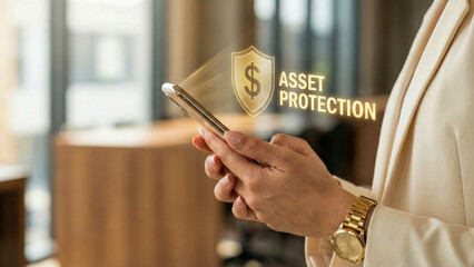 Financial high level planning concept asset protection on phone screen with business woman hand holding smartphone indoors office glow