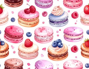 Watercolor illustration showcasing colorful and delicious French macarons with toppings