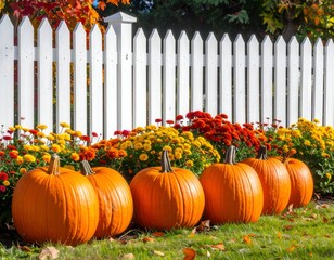 Bright orange pumpkins in a row, next to colorful mums, and a white picket fence