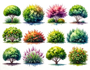 Watercolor illustrations of diverse shrubs and trees