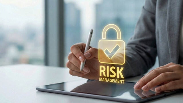 Risk management lock icon digital tablet high level financial planning concept visualization - Powered by Adobe