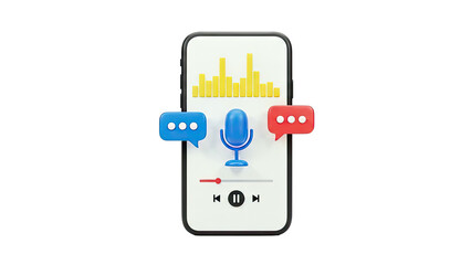Smartphone with microphone, chat bubbles, and audio visualizer