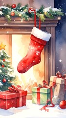 Watercolor painting of Christmas stocking hanging over fireplace
