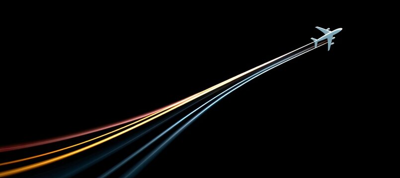 Modern jet airplane flying fast leaving vibrant light streaks in darkness