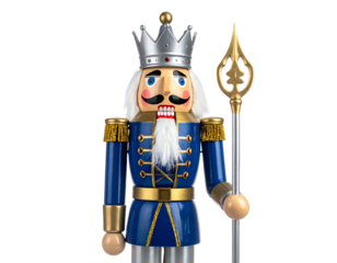 Wooden king nutcracker in blue uniform, holding scepter, wearing a crown, isolated