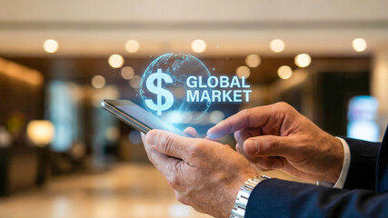 Financial high level planning concept global market on mobile phone with digital dollar symbol and business hand touch screen technology glow