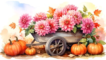 Watercolor scene pumpkins and dahlias in a cart, autumn theme