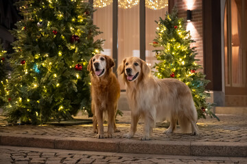 Two golden retrievers stood beside the Christmas tree.