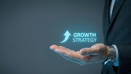 Financial growth high level planning concept visualized as glowing arrow strategy hovering above business hand