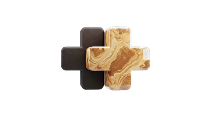 Two intersecting cross shapes: one dark leather, one marbled stone