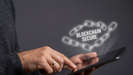 Financial high level planning concept for secure blockchain chain link network hologram above digital tablet technology touch screen