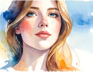 Watercolor portrait of a woman with long blond hair and blue eyes