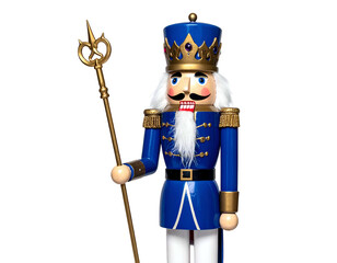 Regal blue wooden toy soldier with gold crown, staff, and white beard against black