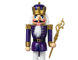 Royal soldier nutcracker in purple and gold attire, holding a staff
