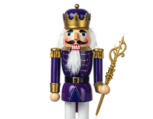 Royal soldier nutcracker in purple and gold attire, holding a staff